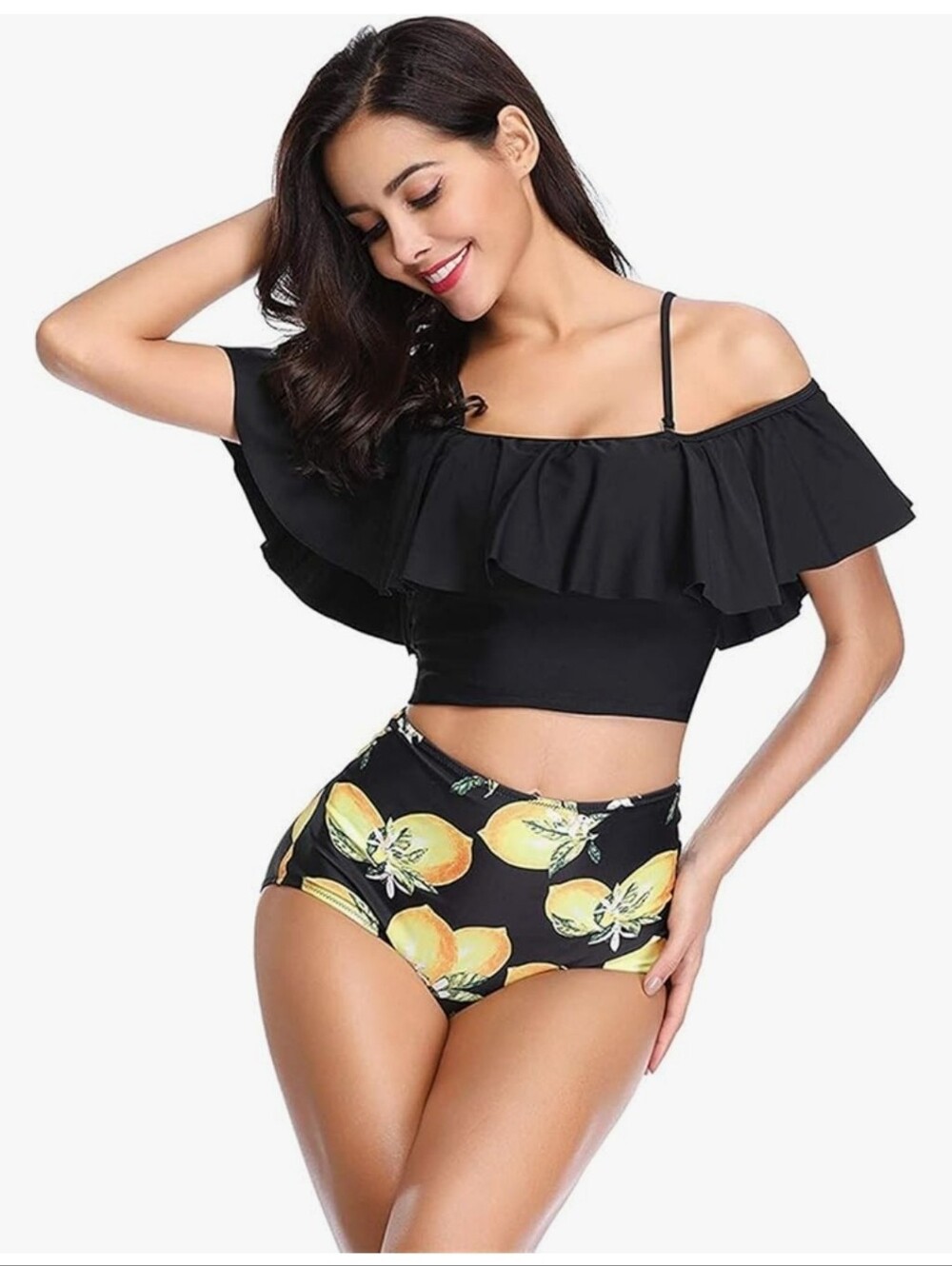 Black Ruffle Tankini Top with Lemon-Print High-Waist Bottoms